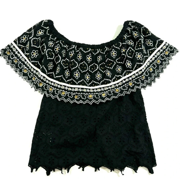 Hemant Nandita Marva Off Shoulder Eyelet Top Black - Picture 3 of 7